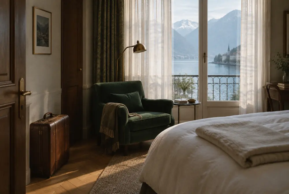 Valise prête près de la porte d'une chambre lumineuse