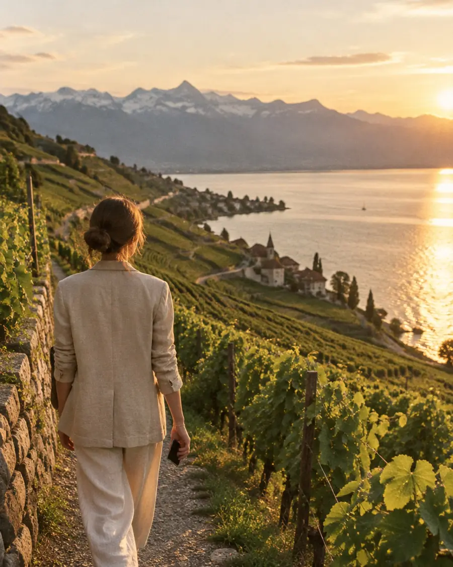 Voyageuse marchant dans les vignes de Lavaux au-dessus du lac