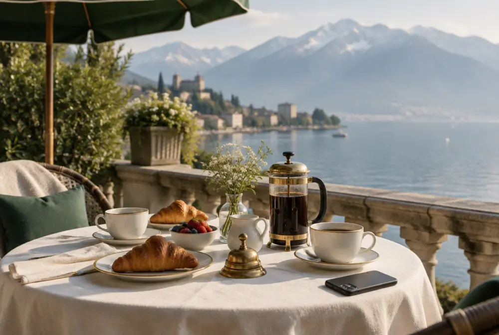 Petit-déjeuner sur une terrasse face au Léman